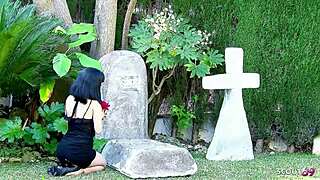 skinny widow's tight pussy seduced bent over by stranger cock outdoors