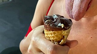 the busty cougar milf in leggings smothers his huge cock with ice cream then swallows every creamy drop