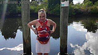 public flashing hides her shaved pussy tease