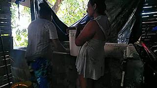 Damn this horny latina licks my ass then fucks me hard at the neighbors well!!
