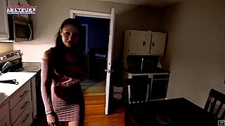 Tiny brunette Raven Lane teases with amateur handjob rimjob blowjob leading to bent over assplay cumshot facial dildo fun