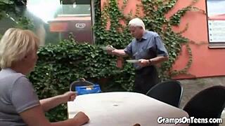 the petite teen bends over for old man's doggystyle pounding in forest