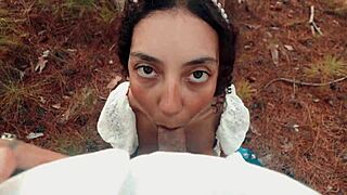 curvy latina walks forest then bends over gagging on bbc deepthroat balls licking