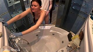 Girl Cleans Tub Bent Over During Rear Entry Session