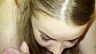 blonde stepmom milf sucks my huge cock with both hands deepthroat style