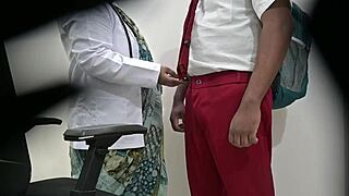 Doctor woman publicly flashes and checks schoolboy's cock in outdoor hospital exam