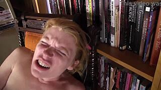 in the library cute bookworm madison young 18+ gets strapon fucked by beretta james