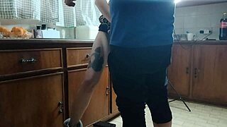 Petite mommy slave spreads tight pussy in kitchen for his cum on ass