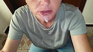 Cum blasts mouth facial creampie on milf housewife!