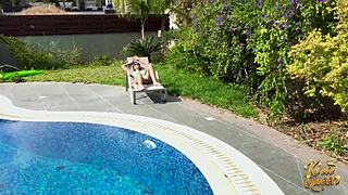kira queen pays poolboy chad by slurping his monster cock then dripping her wet cunt on it outdoors