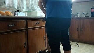 Petite mommy slave spreads tight pussy in kitchen for his cum on ass