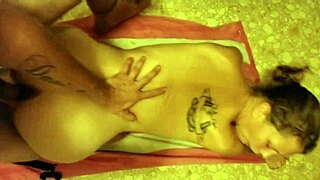 Bathroom floor deepthroat blowjob bends into doggystyle fuck ending messy facial cumshot sucking