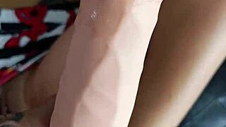 Intense pleasure surges playing 10 inch toy deep in her pussy close up