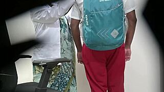 Doctor woman publicly flashes and checks schoolboy's cock in outdoor hospital exam