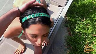 kira queen pays poolboy chad by slurping his monster cock then dripping her wet cunt on it outdoors