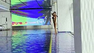 busty milf monika fox lounges poolside baring fake tits ass and curves freely