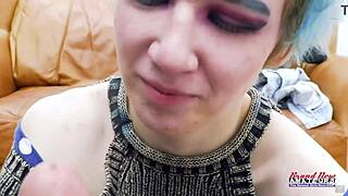 wanna see this shy blue haired nerd's petite pussy take sloppy deepthroat facial?
