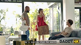 Una Fairy experiments wildly with daddy and second cock on sofa