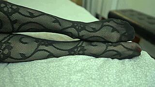 blonde milf gives stunning footjob in fishnets to big cock then pussy ride
