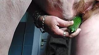 granny whore rams cucumber deep in her hairy german beaver