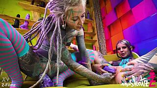 two tattooed lesbians gape asses with huge anal toys