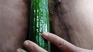 granny whore rams cucumber deep in her hairy german beaver