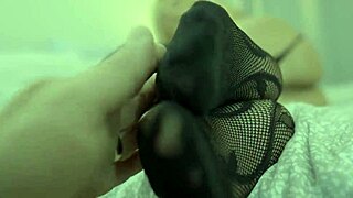 blonde milf gives stunning footjob in fishnets to big cock then pussy ride