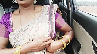 Saree-Clad Indian Aunty's Big Boobs Bounce in Dirty Talk Drive