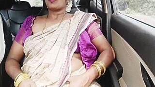 Saree-Clad Indian Aunty's Big Boobs Bounce in Dirty Talk Drive