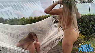 dani day and angel young lick pussies outdoors on summer cornhole day