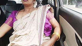Saree-Clad Indian Aunty's Big Boobs Bounce in Dirty Talk Drive