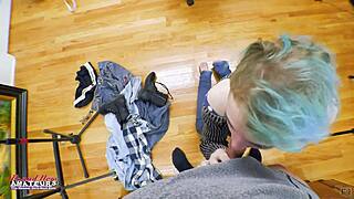 wanna see this shy blue haired nerd's petite pussy take sloppy deepthroat facial?