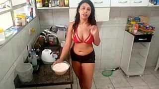 sarah rosa's kitchen tease hides horny lingerie boobs