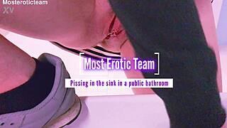 pissing hard in public bathroom sink full close-up video