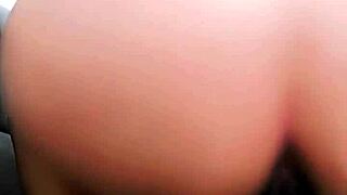 Japanese teen wife bounces tight pussy on monster dildo after movie