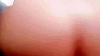 Japanese teen wife bounces tight pussy on monster dildo after movie