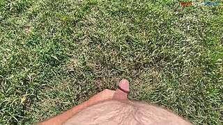 barefoot guy masturbates huge cock outdoors in fall part one