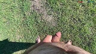 barefoot guy masturbates huge cock outdoors in fall part one