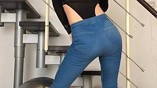 chinese babe dances sexy in tight jeans shaking ass curves music beats asian tight clothing tease