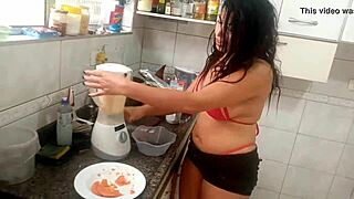 sarah rosa's kitchen tease hides horny lingerie boobs