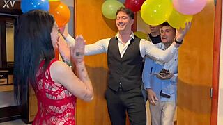 Argentinian teen gangbanged on birthday double penetrated drinks milk cum mouthful