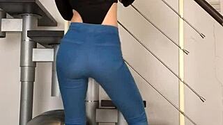 chinese babe dances sexy in tight jeans shaking ass curves music beats asian tight clothing tease