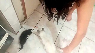 sarah rosa's kitchen tease hides horny lingerie boobs