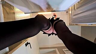 long-legged college girl alicia teases in plaid uniform miniskirt and stockings inside bathroom