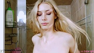 Elegant Shy Blonde Enjoys Relaxing Shower After Photoshoot Session