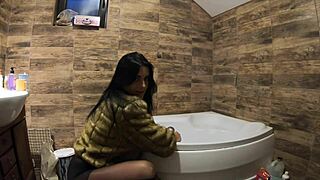 milfycalla soaks bathtub in pee wearing fur coat pantyhose teases tight pussy for taboo play