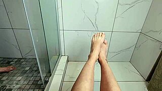Sexy petite milf teases cock with bare feet toes footjob pov shower close up