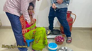 First Time Threesome Kitchen Sex with Indian Bhabhi and Two Devers