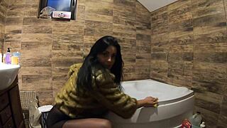 milfycalla soaks bathtub in pee wearing fur coat pantyhose teases tight pussy for taboo play