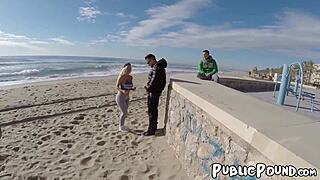 athletic blonde with big ass and tits rides cock bent over on public beach